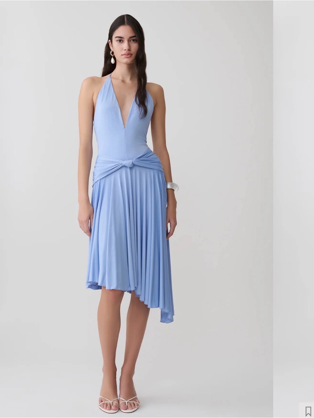 Meshki Light Blue One-Shoulder Knot-Front Pleated Midi Dress